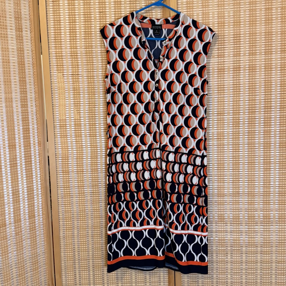 En Focus Studio Women 10 Navy Orange Geometric Mod Print Sleeveless Shift Dress